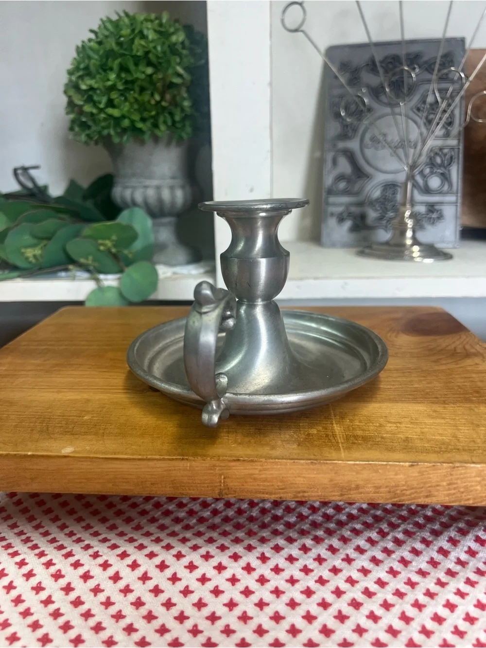 Vintage early American pewter by web chamberstick candle holder grandma core